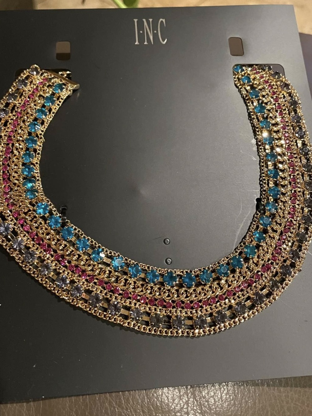 INC Gold-Tone Multicolor Crystal Statement Necklace - Blue & Pink